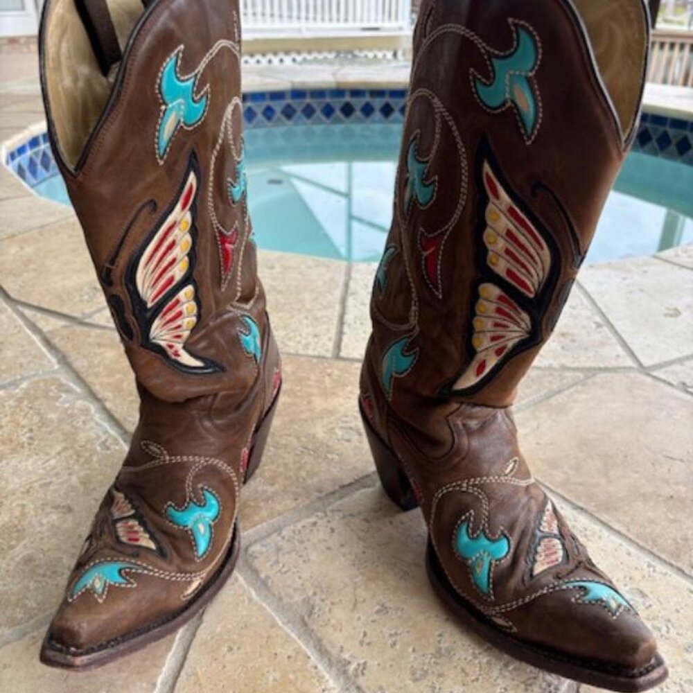 Corral vintage rare brown cowboy boots with butterfly and floral inlay 8M